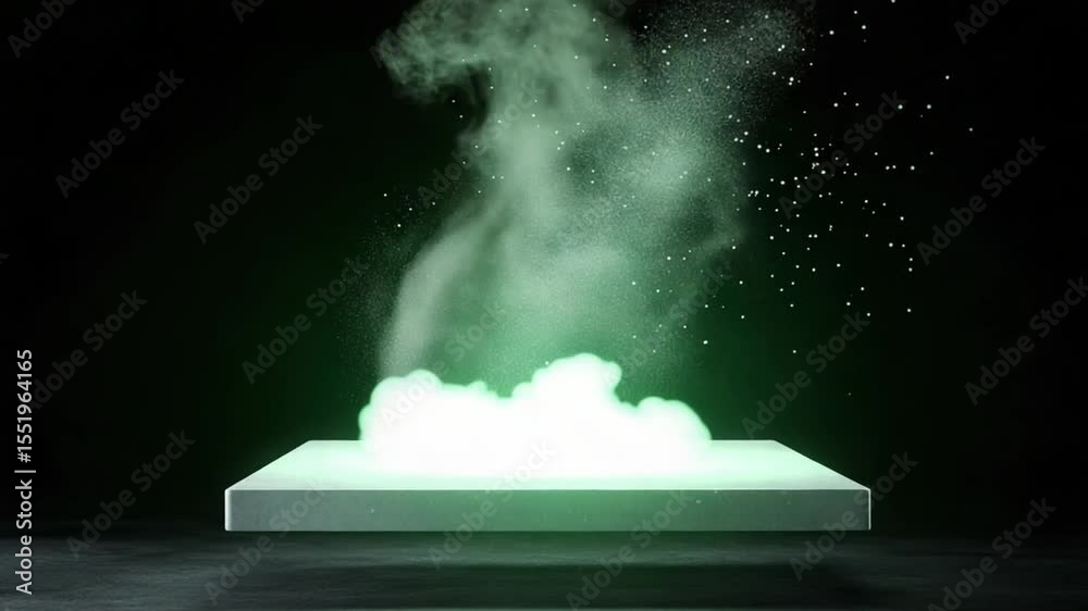 Poster glowing green vapor: ethereal green vapor rises from a white square platform in the dark, creating a