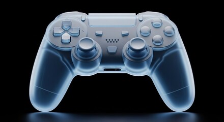 A transparent blue gaming controller is isolated on a black background