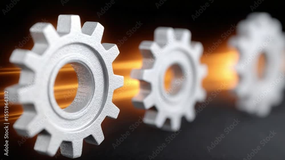 Poster mechanical gears in focus: a macro perspective of sleek, metallic gears, harmoniously aligned, symbo