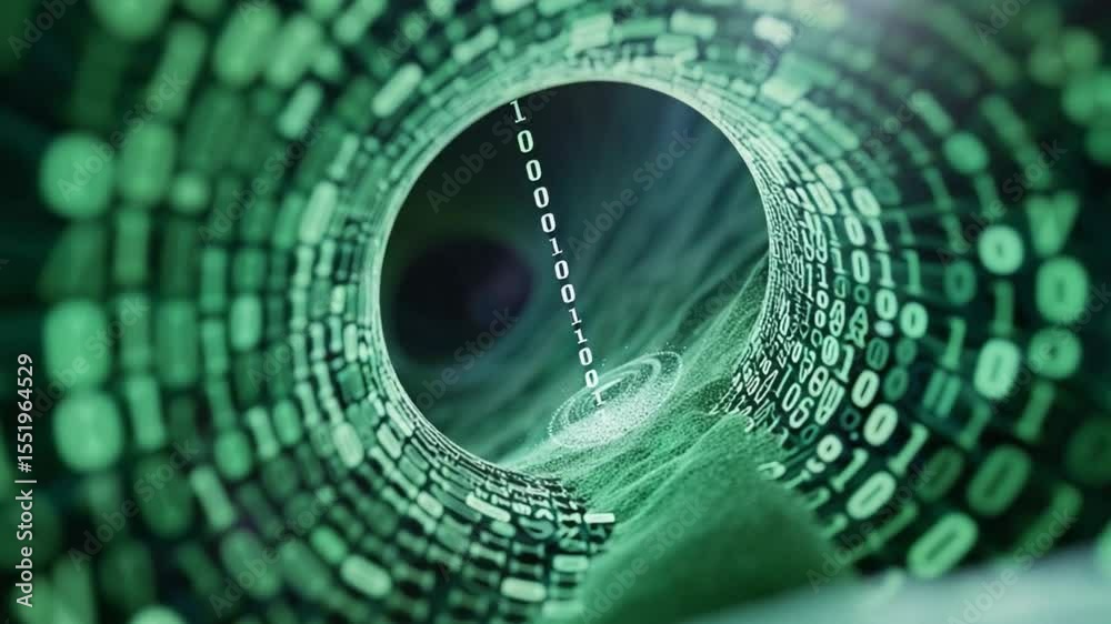 Aufkleber Digital Data Tunnel: A captivating digital tunnel formed by binary code surges, creating a sense of fast paced technological innovation. The imagery emphasizes data flow.