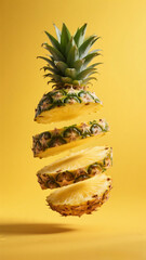 A pineapple floating motionlessly in a zero-gravity environment. The pineapple is partially sliced.