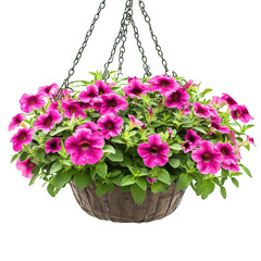 Hanging basket of pink petunias isolated on transparent background