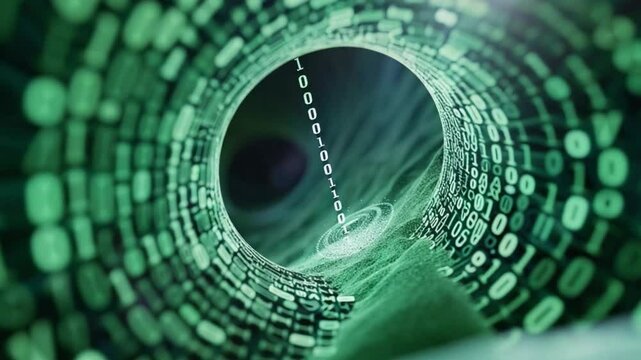 Digital Data Tunnel: A captivating digital tunnel formed by binary code surges, creating a sense of fast paced technological innovation. The imagery emphasizes data flow.