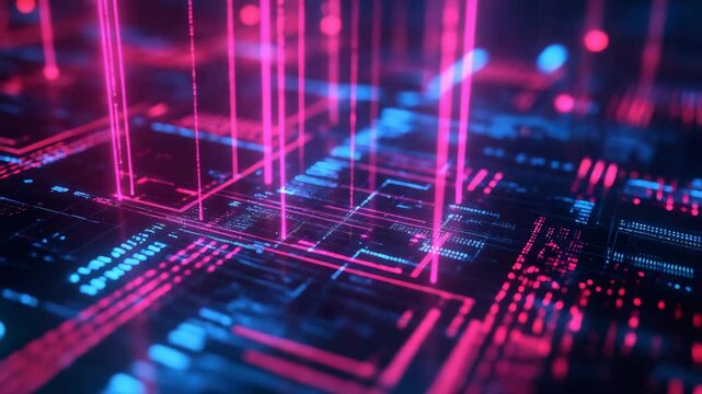 Futuristic circuitboard with neon lights and dynamic digital data flow
