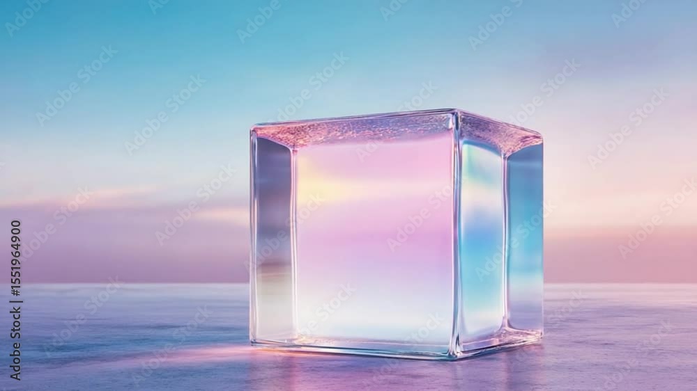 Poster Translucent Cube: A crystal clear translucent cube casts a mesmerizing glow, shimmering with vibrant hues, sitting on a reflecting surface, with a serene gradient background.