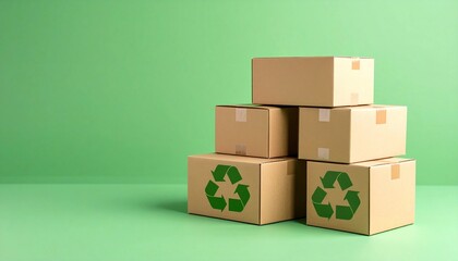 Obraz premium Recycling Symbol on Cardboard Boxes Stacked on Green Background