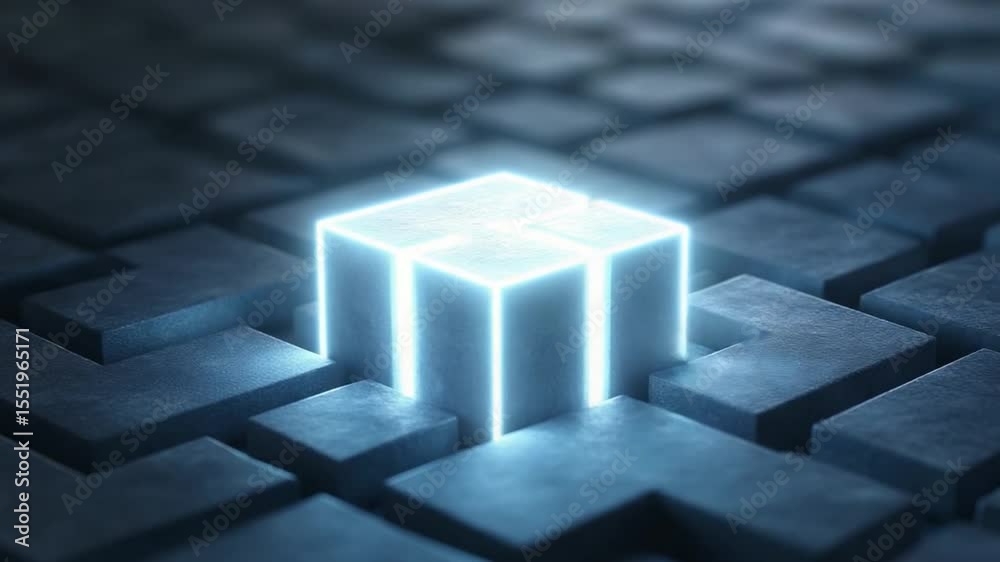 Aufkleber Glowing Cube: An illuminated cube stands out amidst a textured grid. Emitting an ethereal glow, its presence suggests innovation and technological advancement.