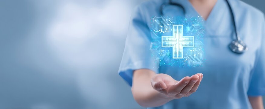 The nurse presenting a digital health symbol for modern healthcare solutions.