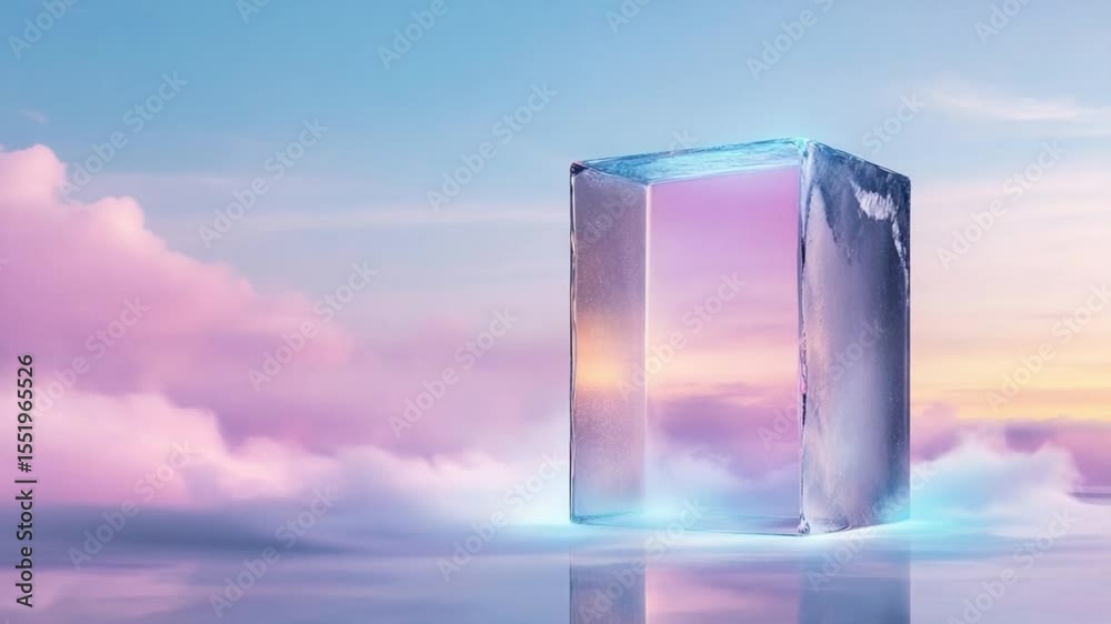 Poster Serene Geometric Portal: A translucent glass cube floats in a pastel sky, creating a surreal and tranquil scene, reflecting the soft hues of the clouds and evoking a sense of wonder and serenity.
