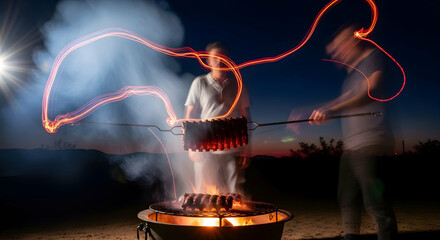 Nighttime Barbecue With Friends Cooking Ribs Over a Campfire with Light Painting