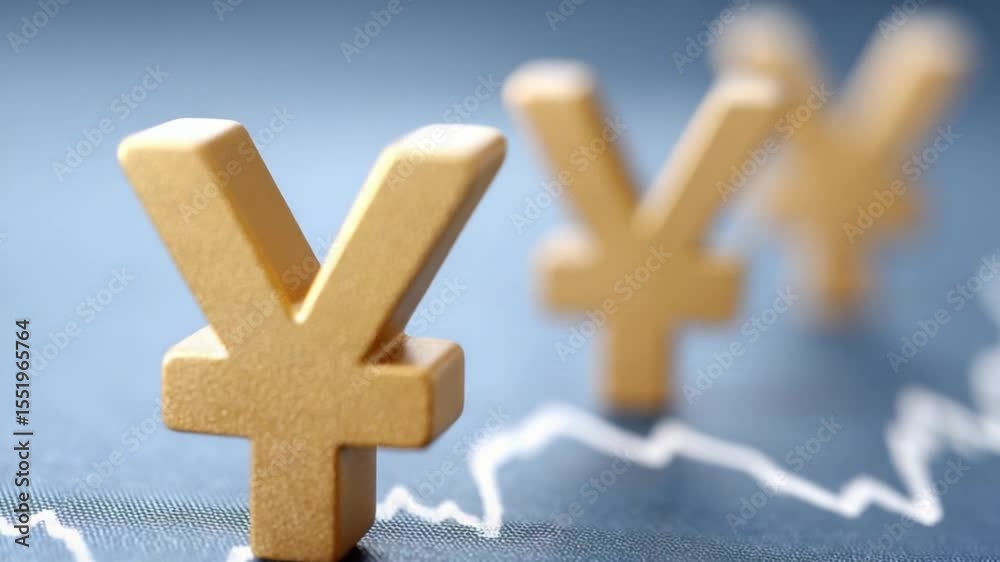Poster currency ascent: yen symbols artfully arranged on a financial backdrop, representing currency growth