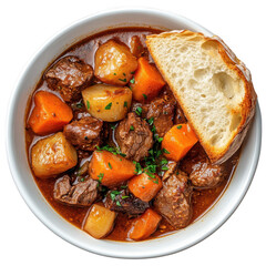 Delicious beef stew with potatoes and carrots isolated on transparent background