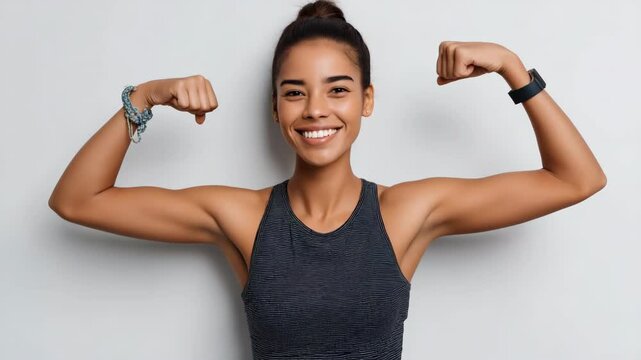 A woman with a black tank top and a black wristband is smiling and flexing her arm