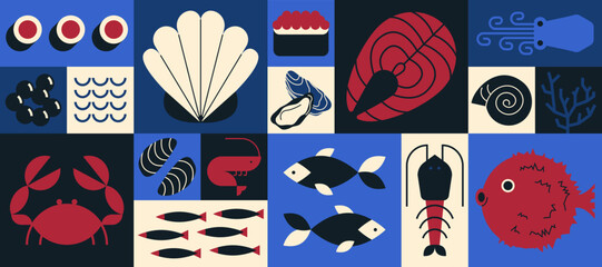 Geometric seafood pattern. Mosaic fish shrimp lobster salmon elements, abstract sea food shapes of shell, mollusk, mussels, squid, crab, marine restaurant menu design. Vector banner