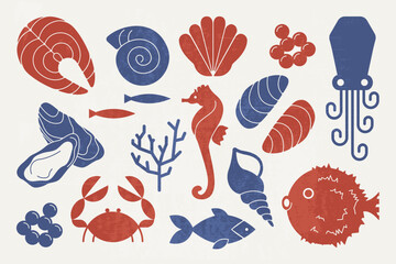 Obraz premium Seafood clipart set. Fish shellfish mussel icons, caviar salmon crab oyster squid, sea underwater animals for marine restaurant menu design vintage style. Vector collection