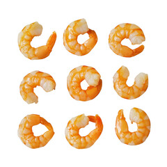 Twelve cooked shrimp isolated on transparent background