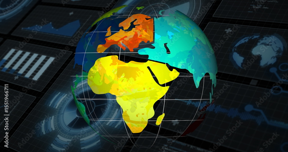 Poster floating 3d globe with white grid lines rotating over digital analytics dashboard, with data panels
