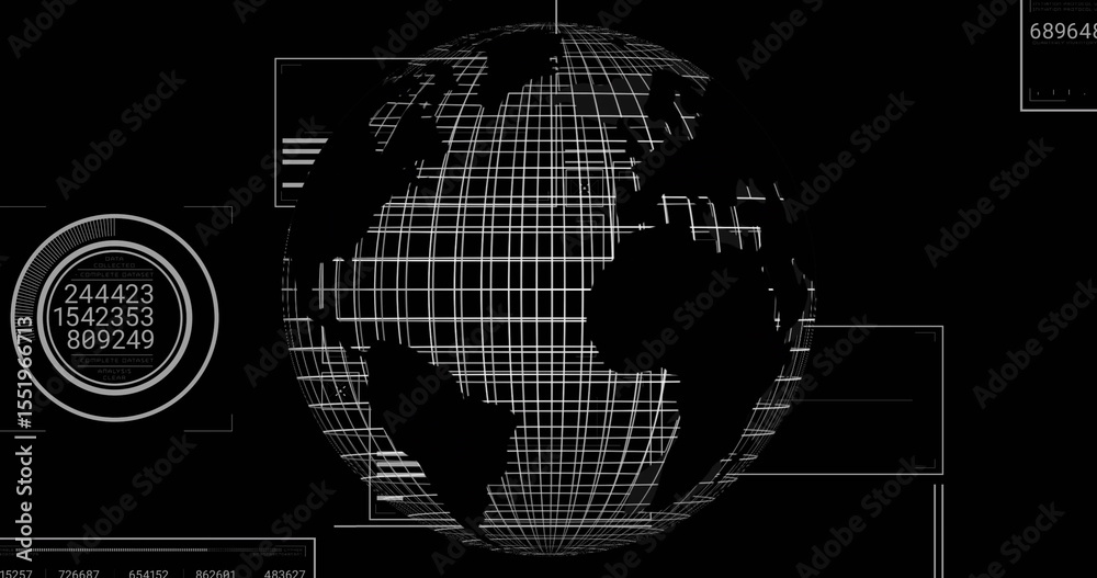Poster presenting wireframe globe rotating in futuristic ui, with numeric gauge and translucent panels