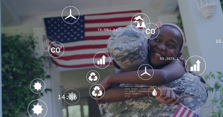 Uniformed soldier hugging and lifting daughter on porch, with American flags, plants and eco icons