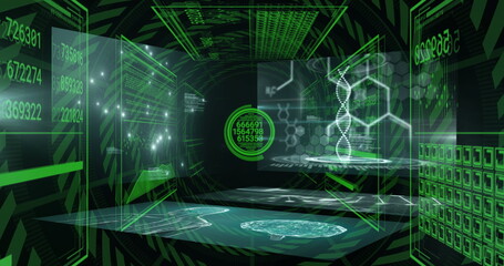 Displaying central DNA helix floating in virtual control room, with glowing holographic data panels