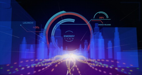 Projecting circular energy display in simulation, with bar graphs glowing path and progress gauges