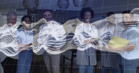 Standing medical team with clipboards and stethoscopes in hospital lounge, with digital grid