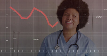 Smiling nurse wearing scrubs standing in clinic, with stethoscope and red graph overlay, copy space