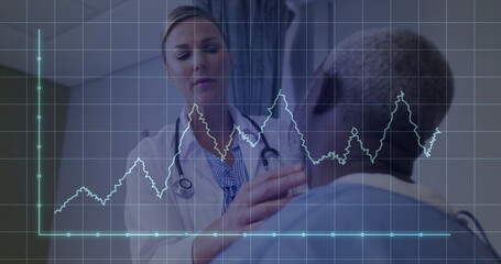Doctor examining patient neck in clinic, with stethoscope, gown and translucent graph grid overlay