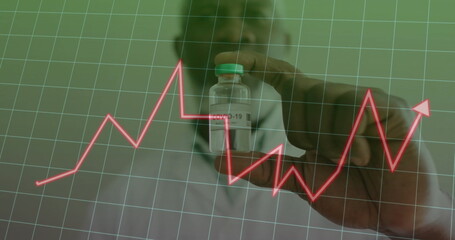 Presenting medical professional in lab coat and mask holding COVID-19 vial in lab with grid overlay