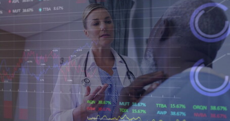 Doctor in lab coat with stethoscope evaluating gowned man touching neck in clinic, charts overlay