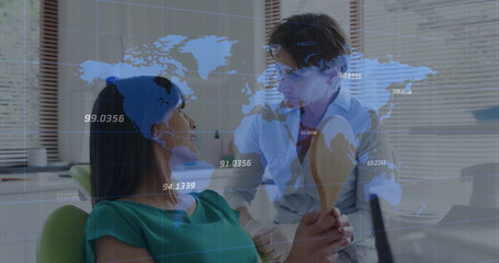 Dentist in lab coat inspecting patient's mouth at dental clinic, with mirror and world map overlay