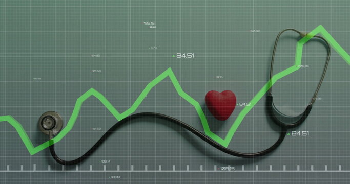 Displaying black stethoscope on numeric grid with white scale, showing green line graph, red heart