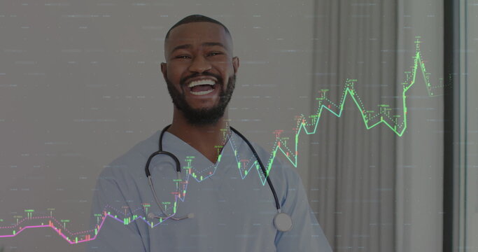 Smiling nurse wearing medical scrubs and stethoscope in clinical office, with line graph overlay