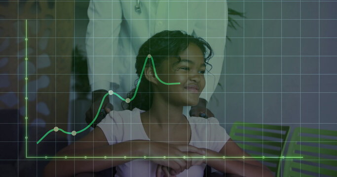 Smiling girl in wheelchair receiving doctor care with stethoscope at clinic benches, data overlay - Powered by Adobe