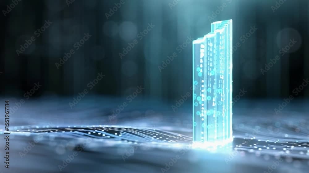 Poster Digital data in innovation: An artistic presentation of the concept of data, technology and innovation. The image uses light, glow, and bokeh effects for aesthetics and a modern feel. 