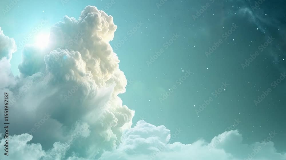 Poster skyward serenity: a breathtaking skyscape painted with layers of fluffy clouds under a luminous sun.