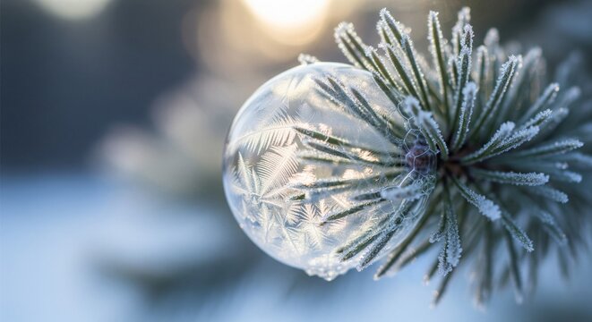 Frozen soap bubble on a pine branch with detailed frost patterns and soft bokeh