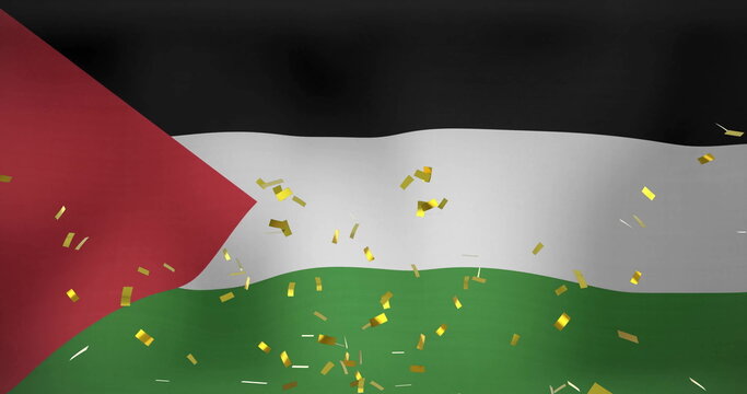 Naklejki Waving Palestinian flag rippling in digital studio presentation, with floating gold confetti