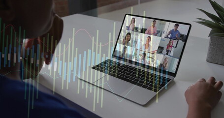 Sitting man viewing nine-person grid meeting at desk, with laptop, potted plant and graph overlay