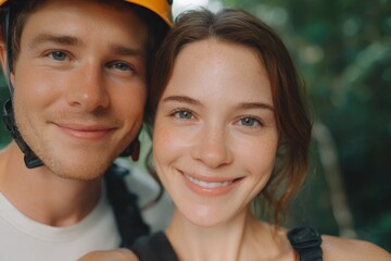 portrait of couple zip-lining over rain forest canopy in bali with wide smiles