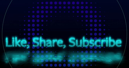 Displaying glowing neon sign hovering above glossy floor in digital studio, with halftone dot grid