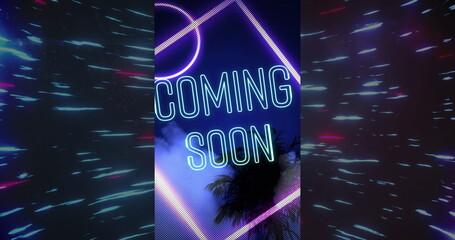Displaying neon sign glowing COMING SOON text in digital tropical background, with palm silhouette