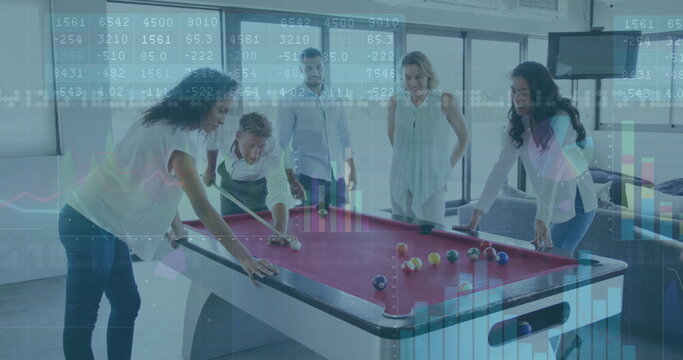 Colleagues in business casual playing pool on red-felt table in office lounge, with data overlays - Powered by Adobe