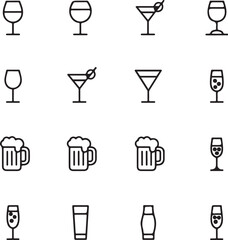 Beverage icon set. Drinks icon set. Containing water, coffee, tea, drinking, glass, soda, cocktail, bottle, wine, beverage and more. Editable stroke. Vector illustration