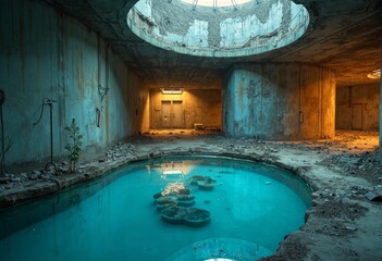 The mysterious light and shadow of an abandoned swimming pool