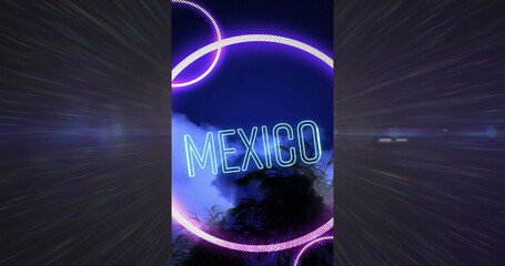 Obraz premium Showing neon text MEXICO inside intersecting purple rings on poster with palm trees, drifting mist