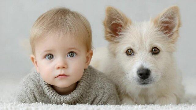 Inseparable Companions: A tender moment captured as a baby and a dog gaze directly towards the camera, radiating a sense of pure and unconditional love in a soft and dreamy aesthetic.