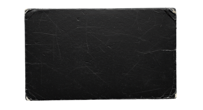 A dark, abstract grunge texture, distressed black with specks, dust, and scratches, mimicking aged paper/fabric with torn edges, isolated on a white background, top view. Concept for versatile