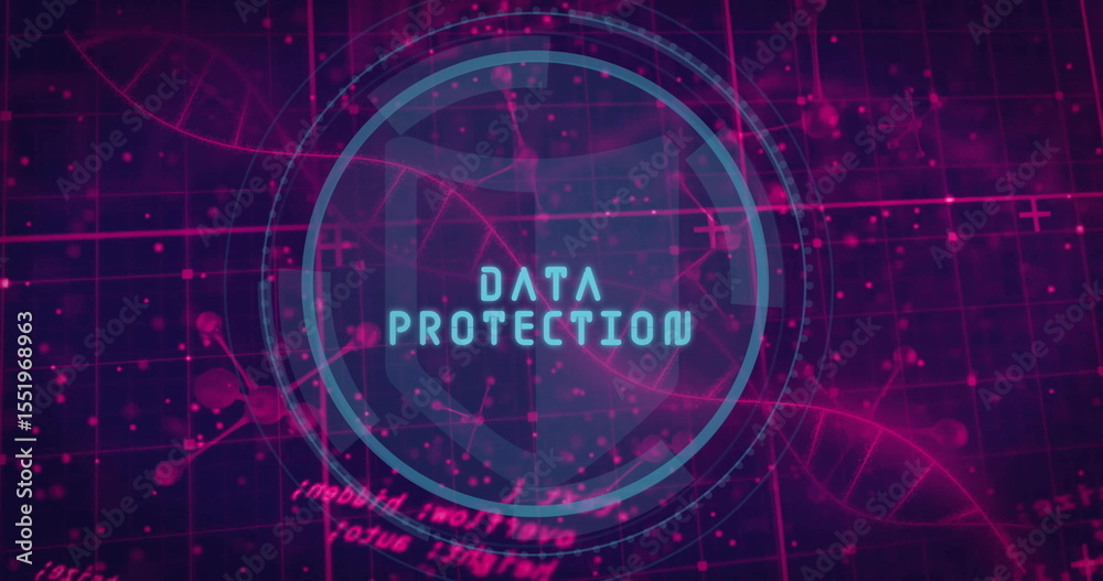 Poster displaying blue shield icon with data protection in digital interface with grid lines and dna helix