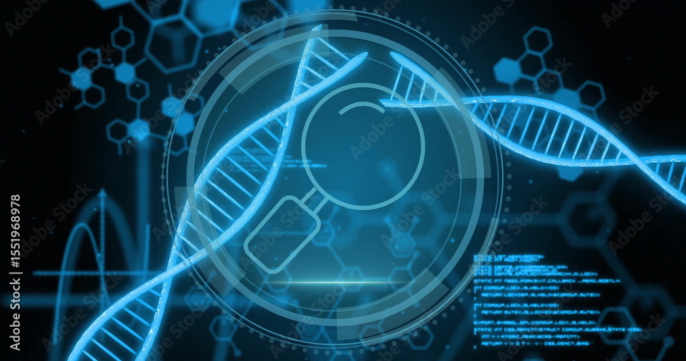 Poster rotating dna double helix strand hovering over interface, showing hud, molecular patterns and code